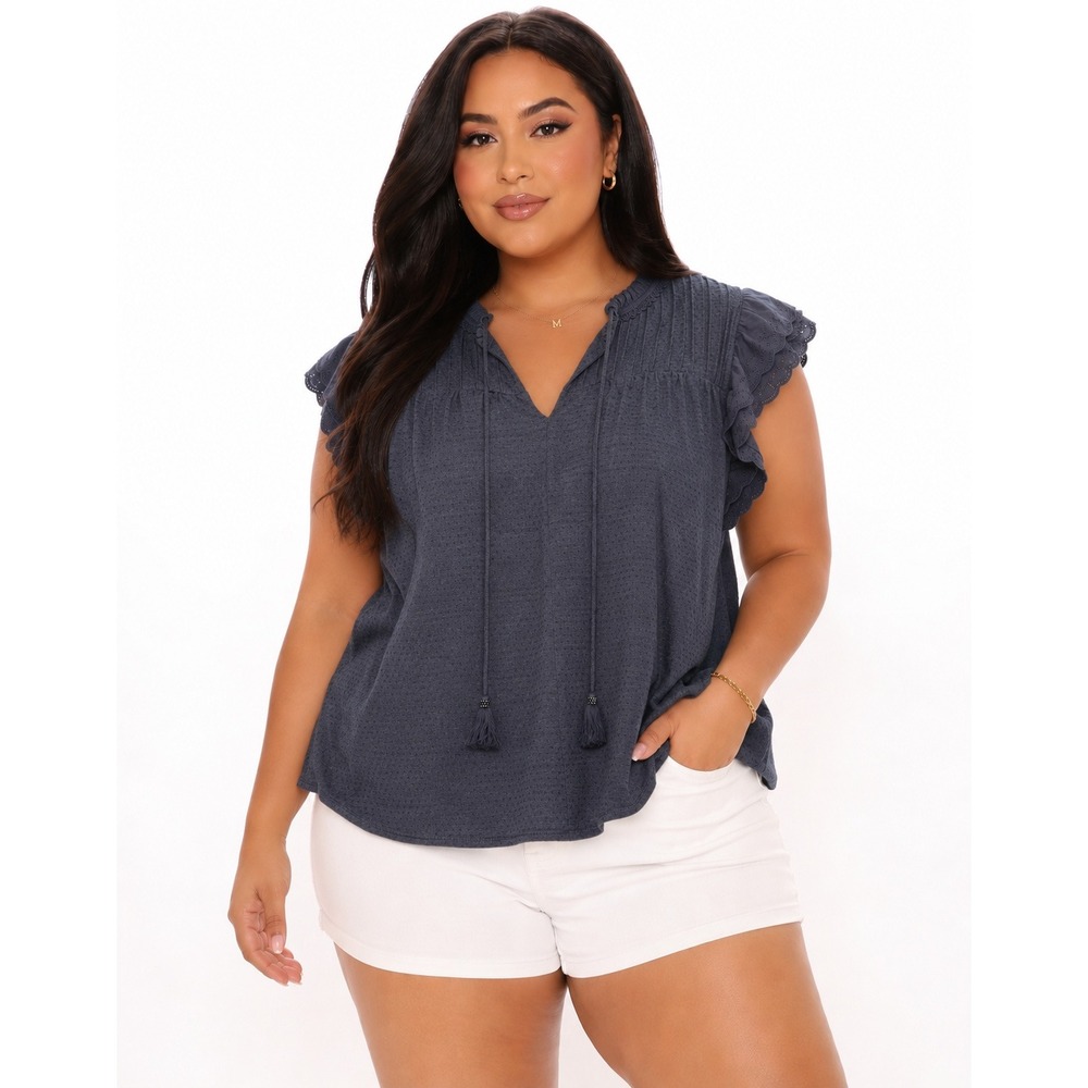 Daniel Rainn Navy Crochet Yoke Tassel Tie Flutter Sleeve Top